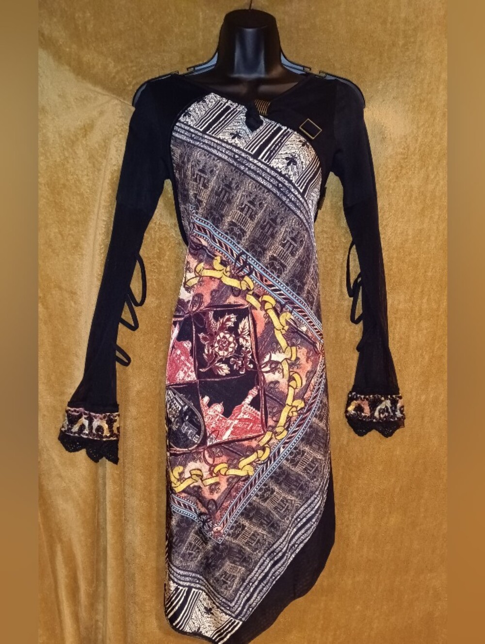 Save The Queen Bohemian Black Mixed-Print Midi Dress with Long Cold Open Sleeves